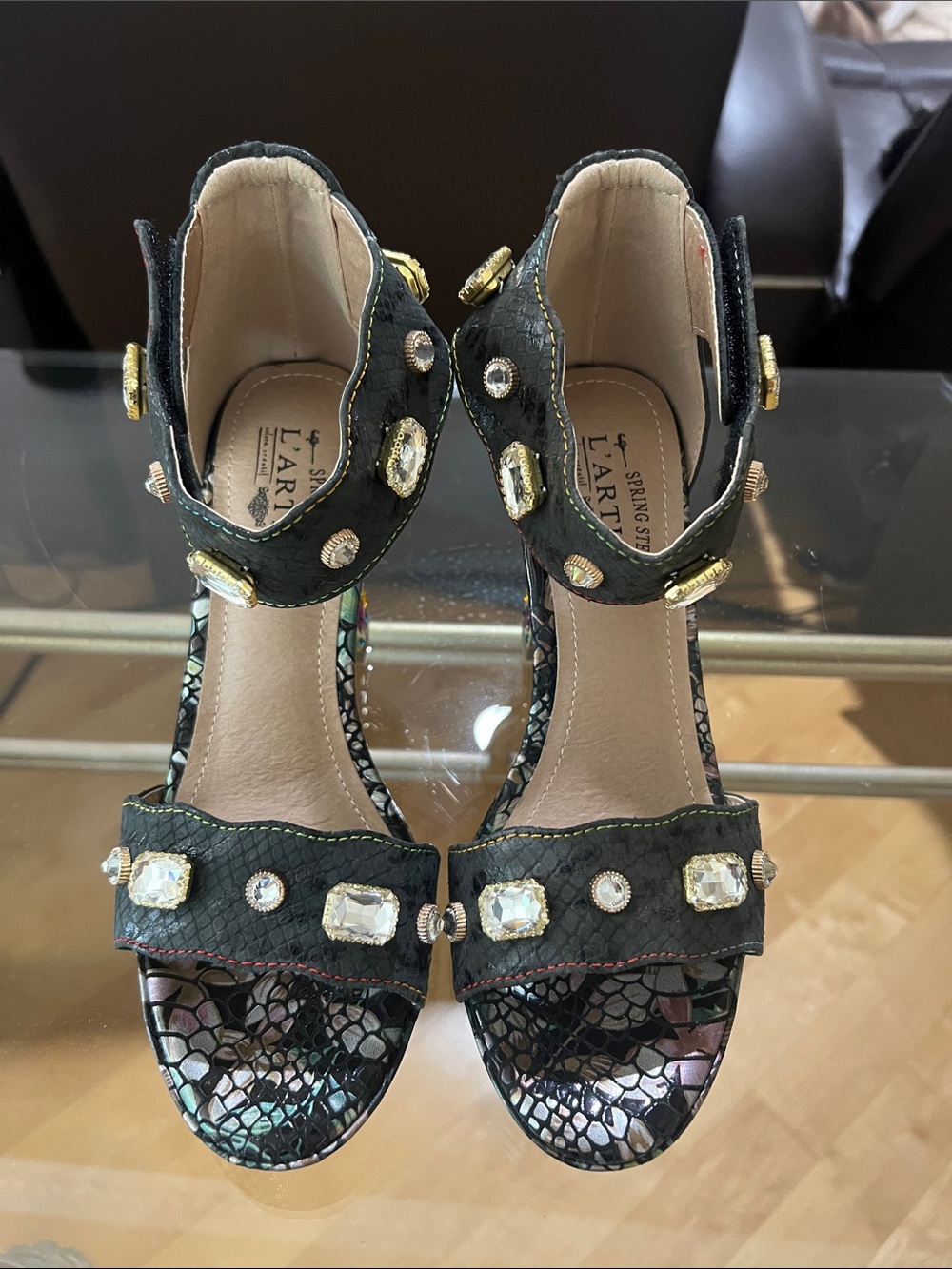 L'ATISTE Black Jeweled Ankle-Strap Heels